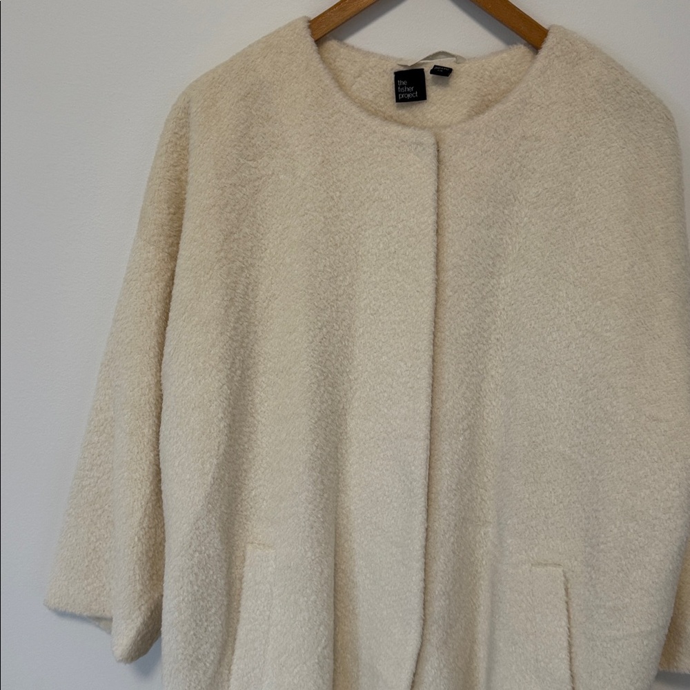 Eileen Fisher Fine Wool Alpaca Round Neck Coat Cream White SzL